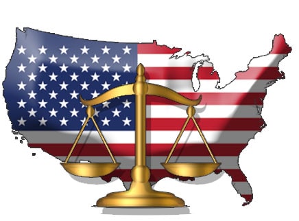 USA Flag in front of legal scale