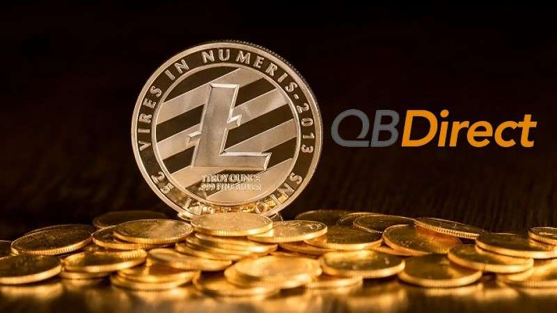 litecoin token on pile of gold coins with qb direct logo